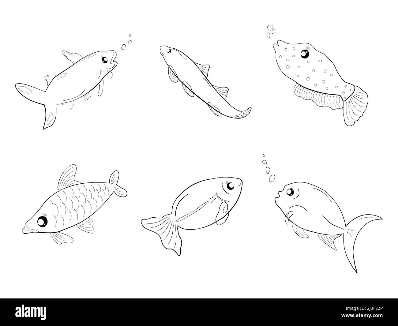 Set of  silhouette underwater doodle outline fish icon cartoon abstract background art graphic design vector illustration Stock Vector