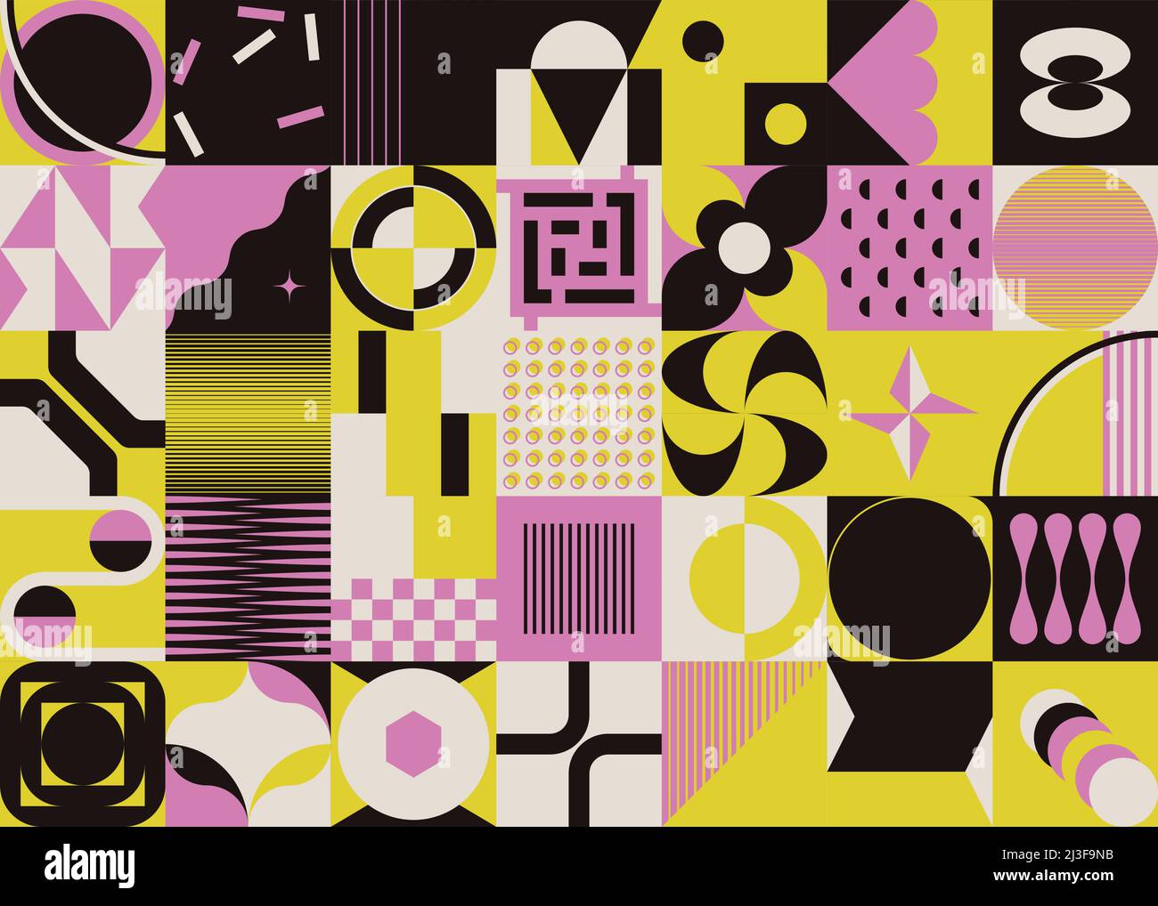 Colorful abstract vector pattern artwork made with various geometric shapes and elements. Stock Vector