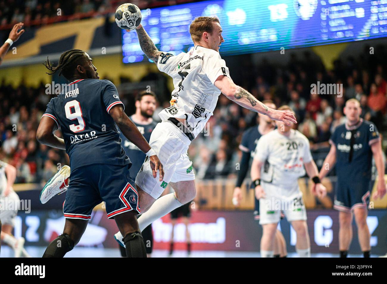 Stig-Tore Moen Nilsen of Elverum shoots during the EHF Champions League,  Play-offs Handball match between Paris Saint-Germain (PSG) and Elverum on  April 7, 2022 at Pierre de Coubertin stadium in Paris, France.