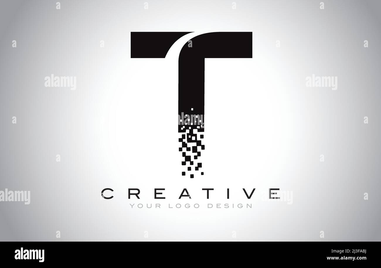 T Initial Letter Logo Design with Digital Pixels in Black and White ...