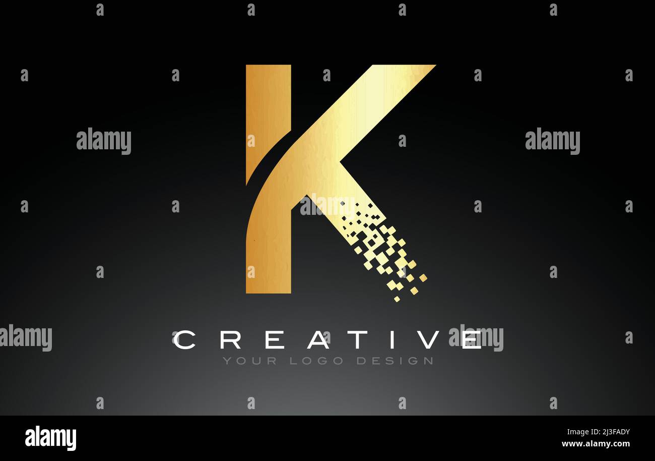 K Initial Letter Logo Design with Digital Pixels in Golden Colors Stock ...