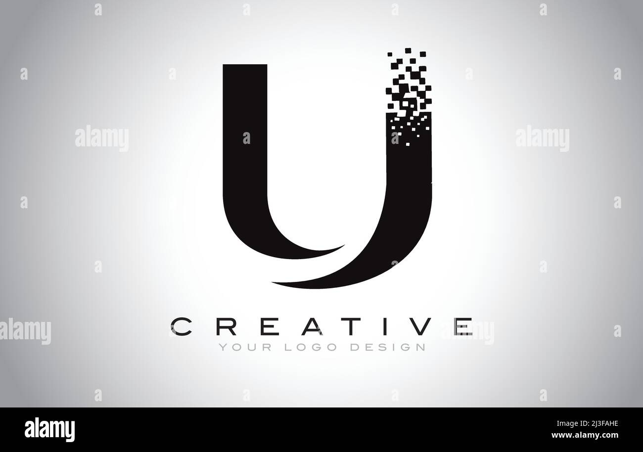 U Initial Letter Logo Design with Digital Pixels in Black and White ...