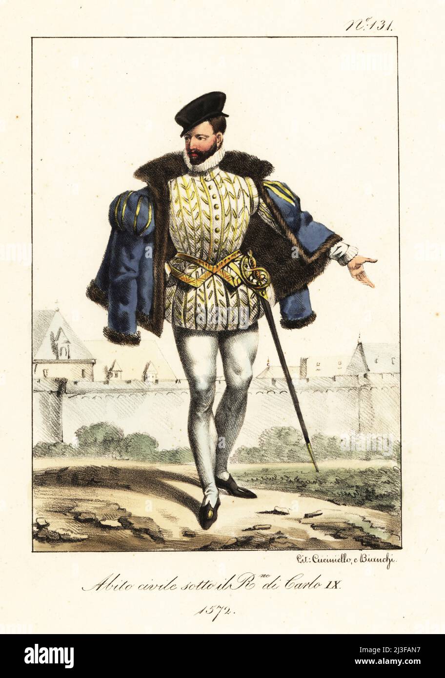 Male fashion during the reign of King Charles IX of France, 1572. In cap,  ruff collar, fur-lined jacket, embroidered doublet, hose and sword. Costume  Civil sous le Regne de Charles IX. Handcoloured