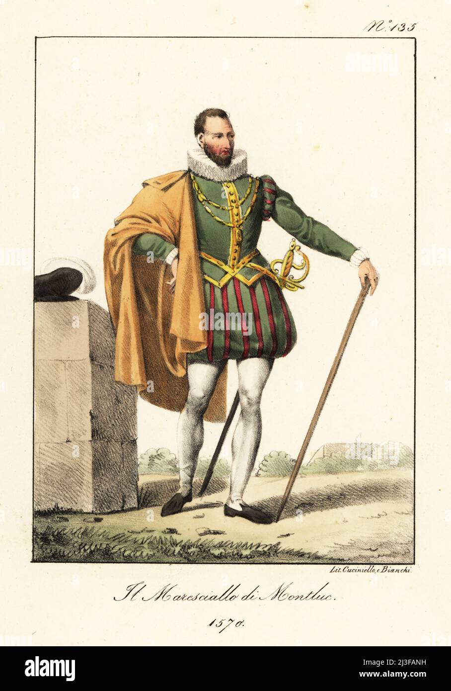 Blaise de Monluc, seigneur de Montluc, c. 1502-1577. Professional soldier appointed Marshal of France in 1574. In large ruff, short cape, doublet and breeches, hose, armed with sword and cane. Le Marechal de Montluc, 1570. Handcoloured lithograph by Lorenzo Bianchi and Domenico Cuciniello after Hippolyte Lecomte from Costumi civili e militari della monarchia francese dal 1200 al 1820, Naples, 1825. Italian edition of Lecomte’s Civilian and military costumes of the French monarchy from 1200 to 1820. Stock Photo