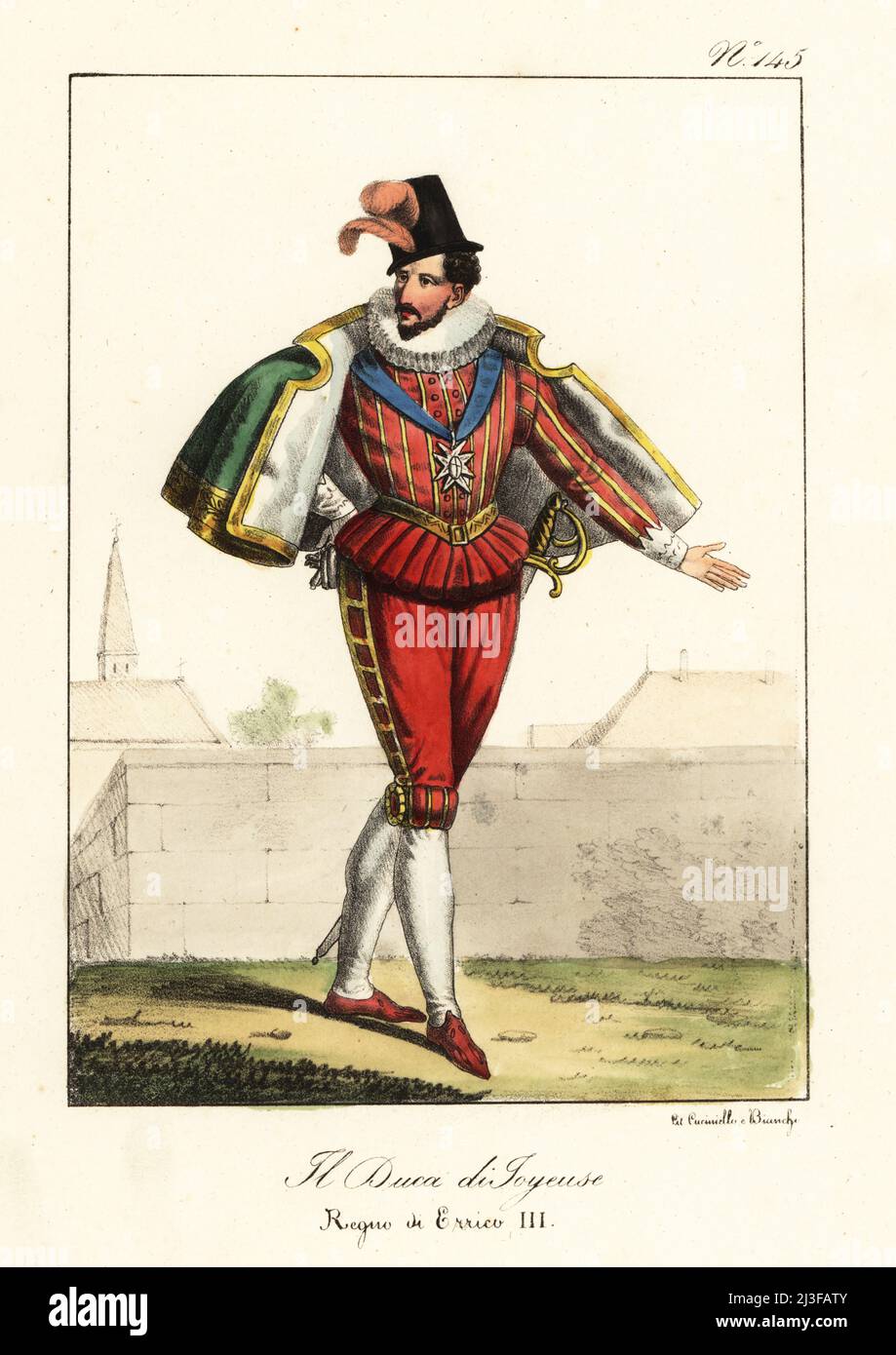 Henri, Duke of Joyeuse, 1563-1608. French army general in the French Wars of Religion, member of the Catholic League and later a Capuchin priest. Reign of King Henry III of France. Le Duc de Joyeuse, regne de Henri III. Handcoloured lithograph by Lorenzo Bianchi and Domenico Cuciniello after Hippolyte Lecomte from Costumi civili e militari della monarchia francese dal 1200 al 1820, Naples, 1825. Italian edition of Lecomte’s Civilian and military costumes of the French monarchy from 1200 to 1820. Stock Photo