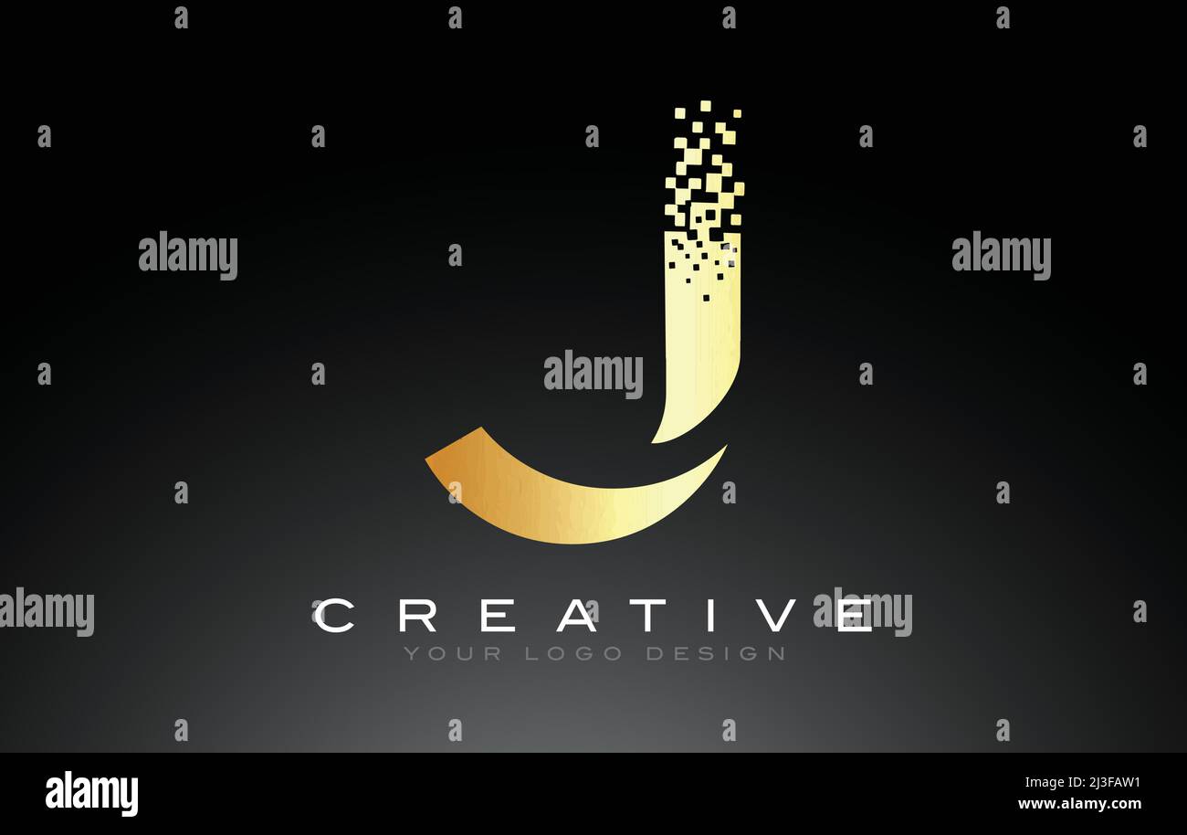J Initial Letter Logo Design with Digital Pixels in Golden e Colors. Stock Vector
