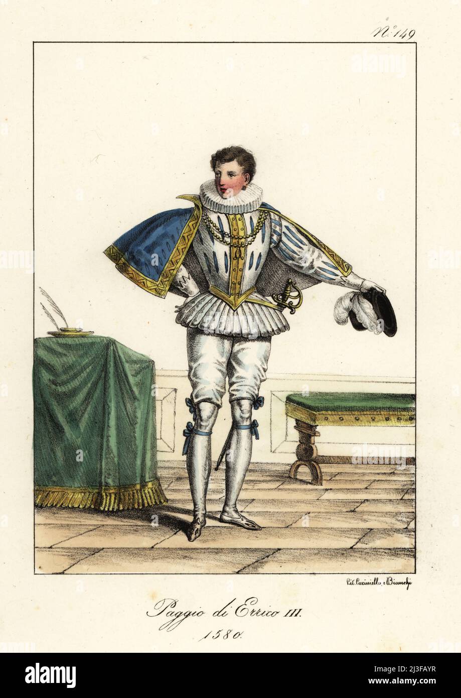 Costume of a page to King Henry III of France, 1580. In ruff collar, short  cape, slashed doublet, breeches, hose and shoes. Page du Roi Henri III.  Handcoloured lithograph by Lorenzo Bianchi