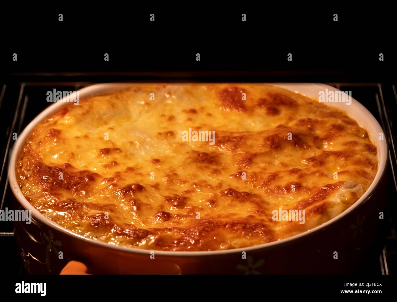 food photography of Italian homemade lasagna from the oven front view. Selective Focus Dish Stock Photo