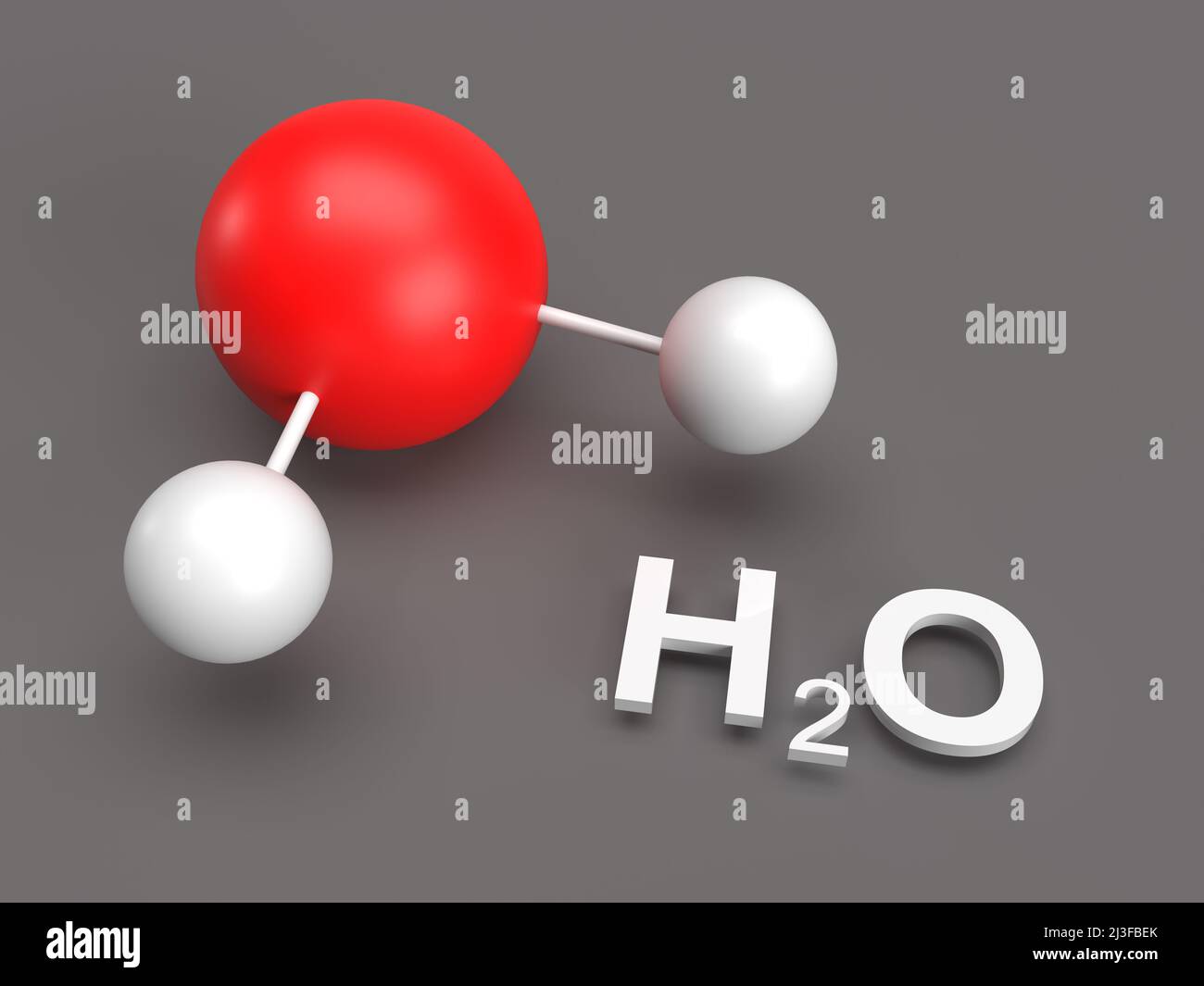 schematic representation of a water molecule with the text of the chemical formula H2O. 3D rendering Stock Photo