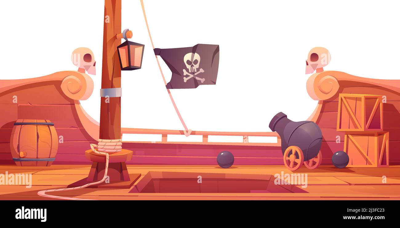 Pirate ship wooden deck onboard view, boat with cannon, wood boxes and ...