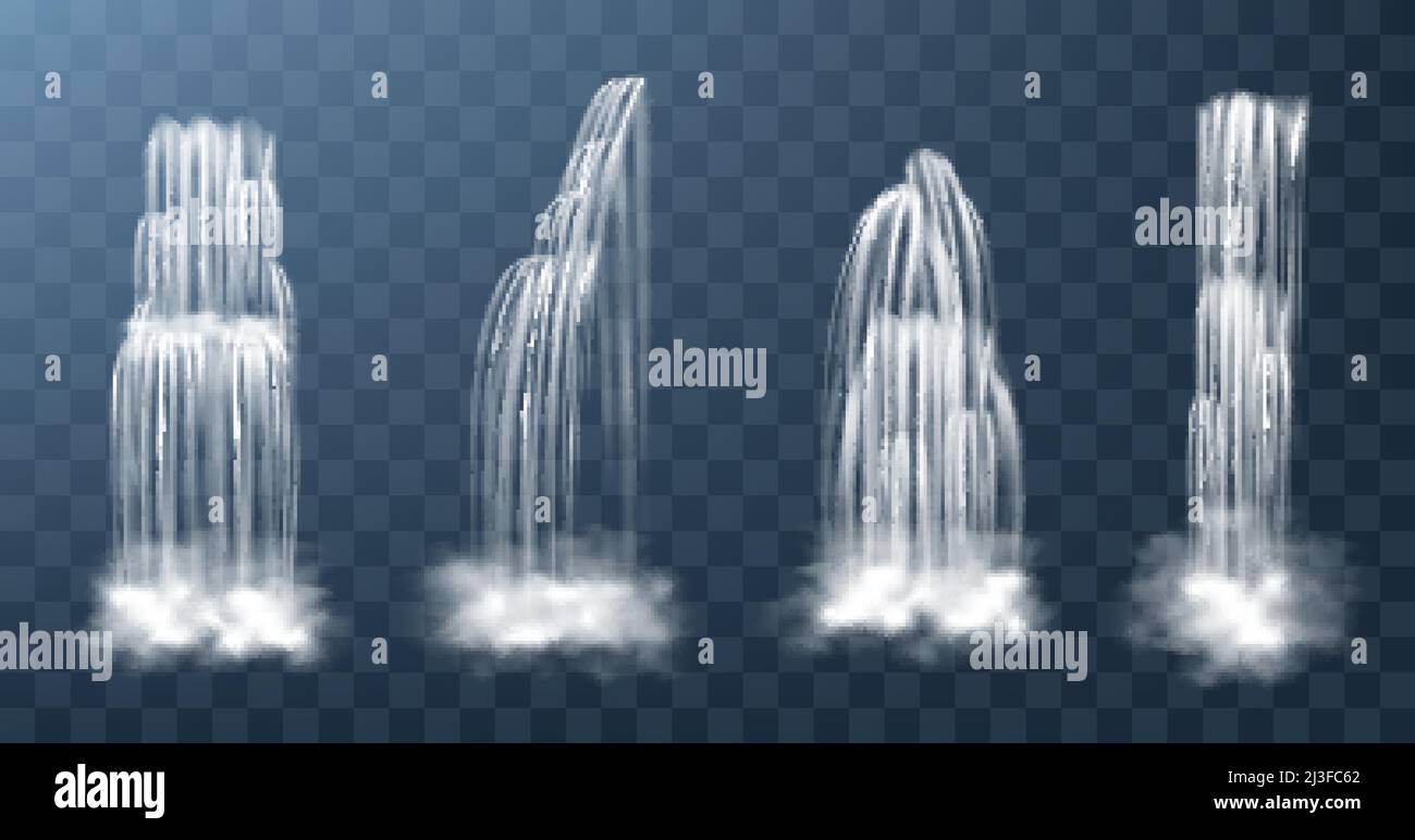 Waterfalls isolated on transparent background. Vector realistic river water fall with cascade, splash and fog. Set of liquid streams, flow of pure aqu Stock Vector