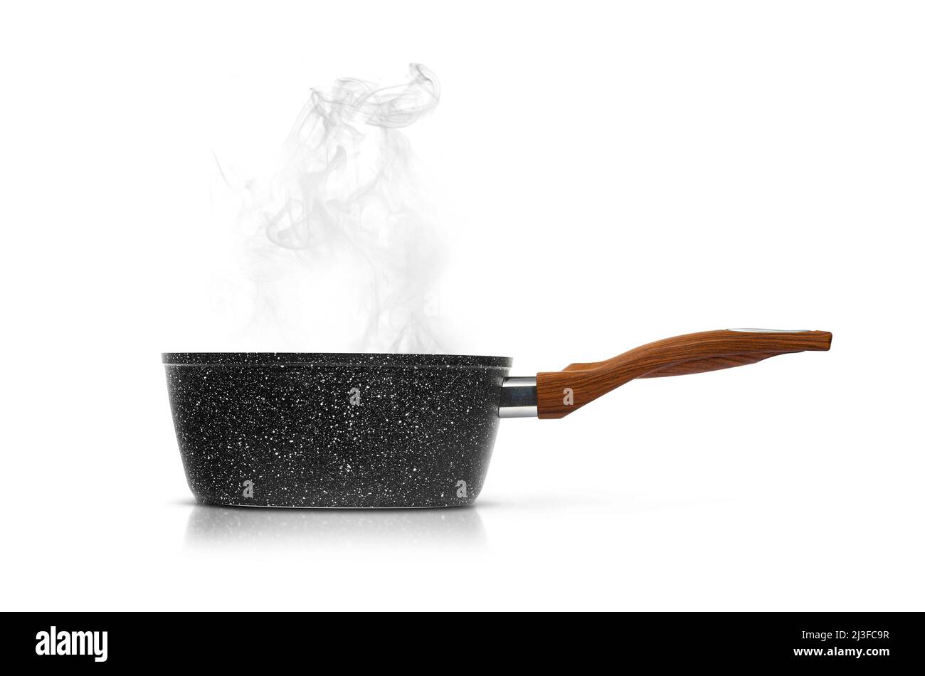 Modern frying pan with non-stick granite coating with hot steam coming out isolated on white background. Stock Photo