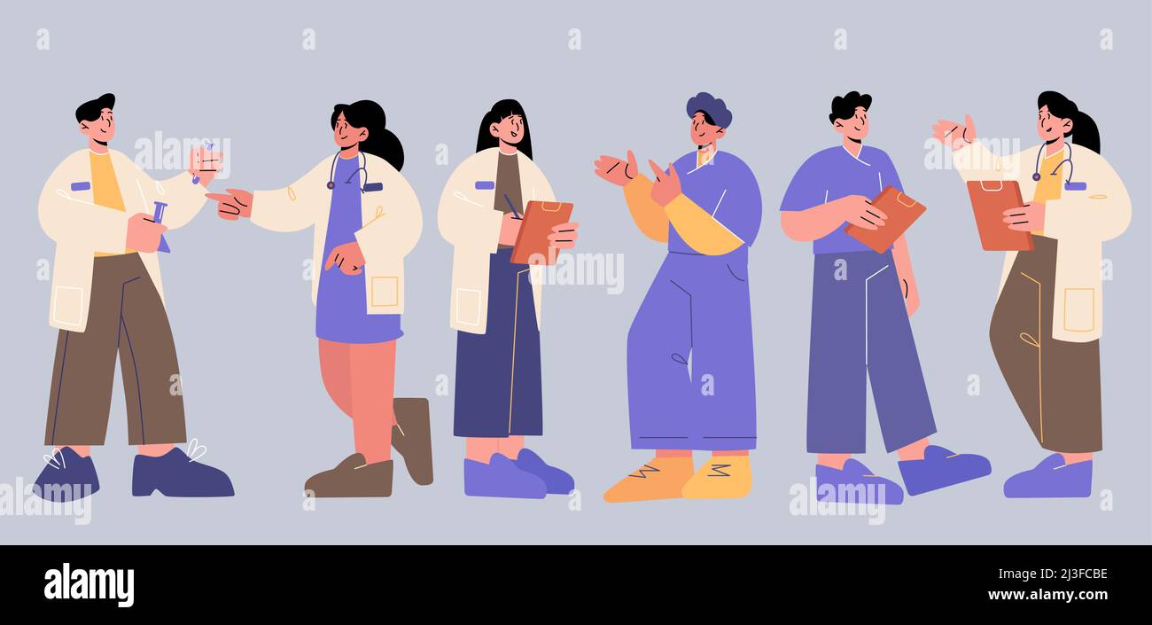 Doctors, nurses, hospital medical staff. Healthcare and medicine workers, physician, surgeon, therapist. Vector flat set of clinic team, people in pro Stock Vector