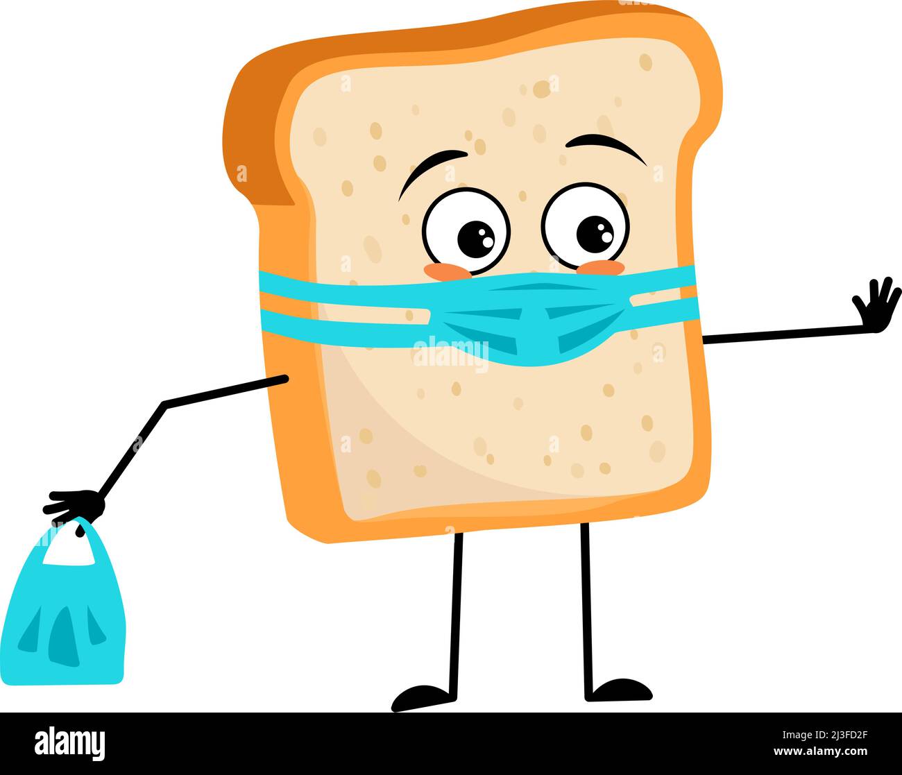 Cute bread character with face in medical mask and keep distance, hands with shopping bag and stop gesture. Baking person, homemade pastry with care expression. Vector flat illustration Stock Vector