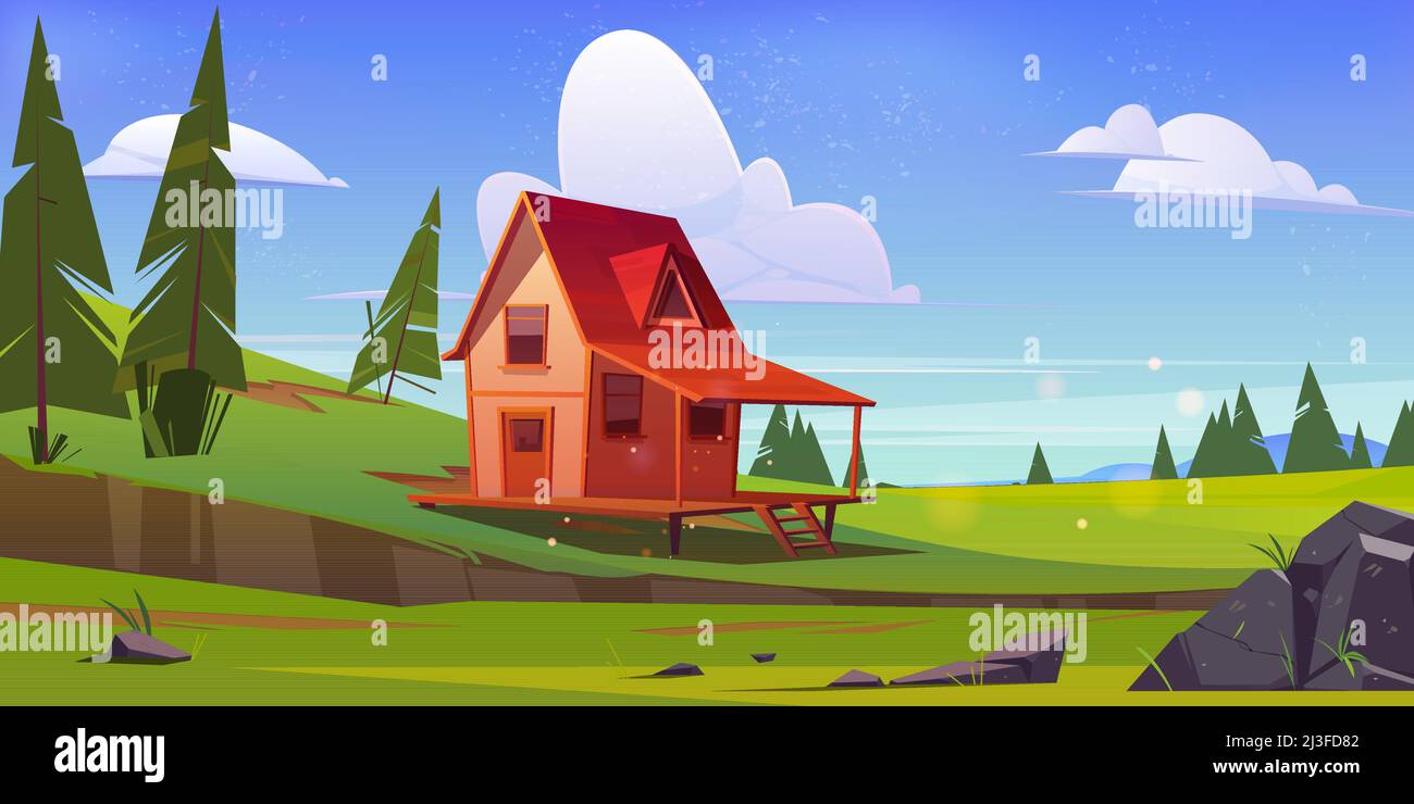 Wooden small house on hill with green grass and trees. Vector cartoon illustration of summer or spring landscape of countryside with village cottage w Stock Vector Image & Art - Alamy Wooden small house on hill with green grass and trees. Vector cartoon illustration of summer or spring landscape of countryside with village cottage w Stock Vector Image & Art - Alamy