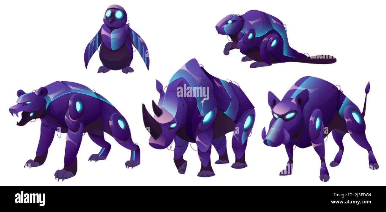 Mechanical animals, bear, penguin, rhinoceros, boar and beaver robots