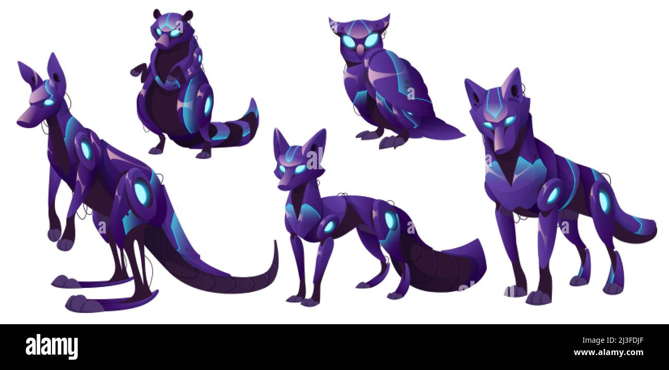 Mechanical animals, fox, wolf, kangaroo, owl and raccoon robots. Vector cartoon set of futuristic pets cyborgs, purple mechanic bird, dog and wallaby Stock Vector