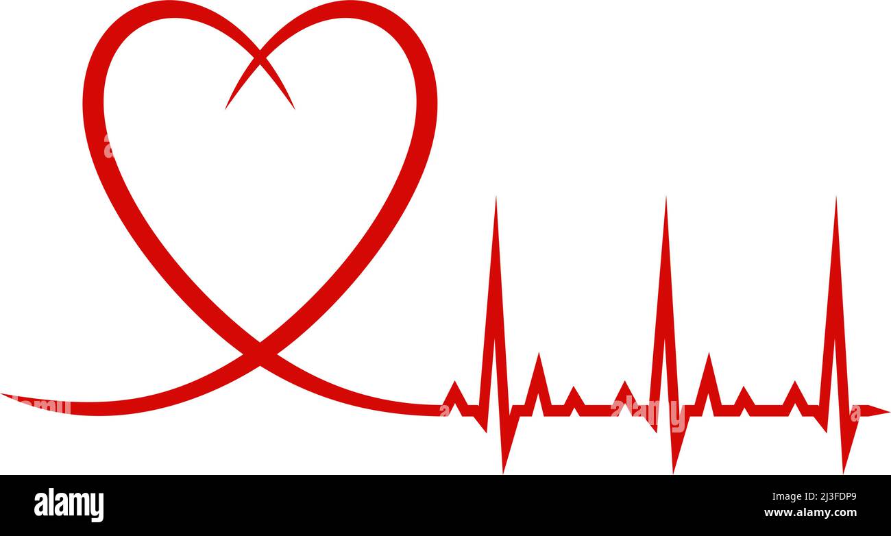 Heart vector in red with cardiogram. White isolated background ...