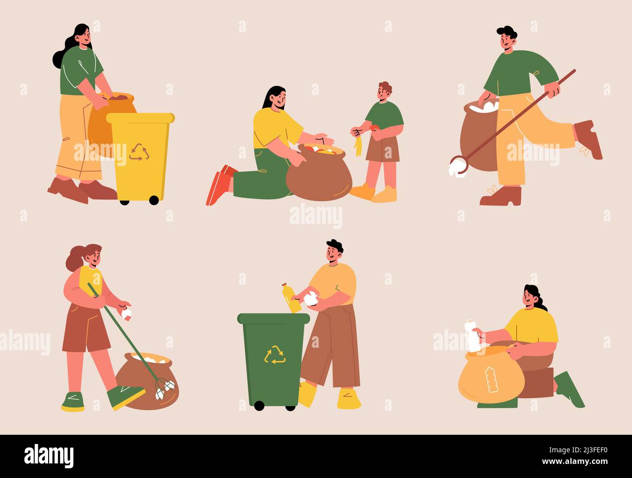 People collect garbage and sorting waste. Vector set of volunteers collecting plastic and organic trash in bags and bin for recycle. Flat illustration Stock Vector