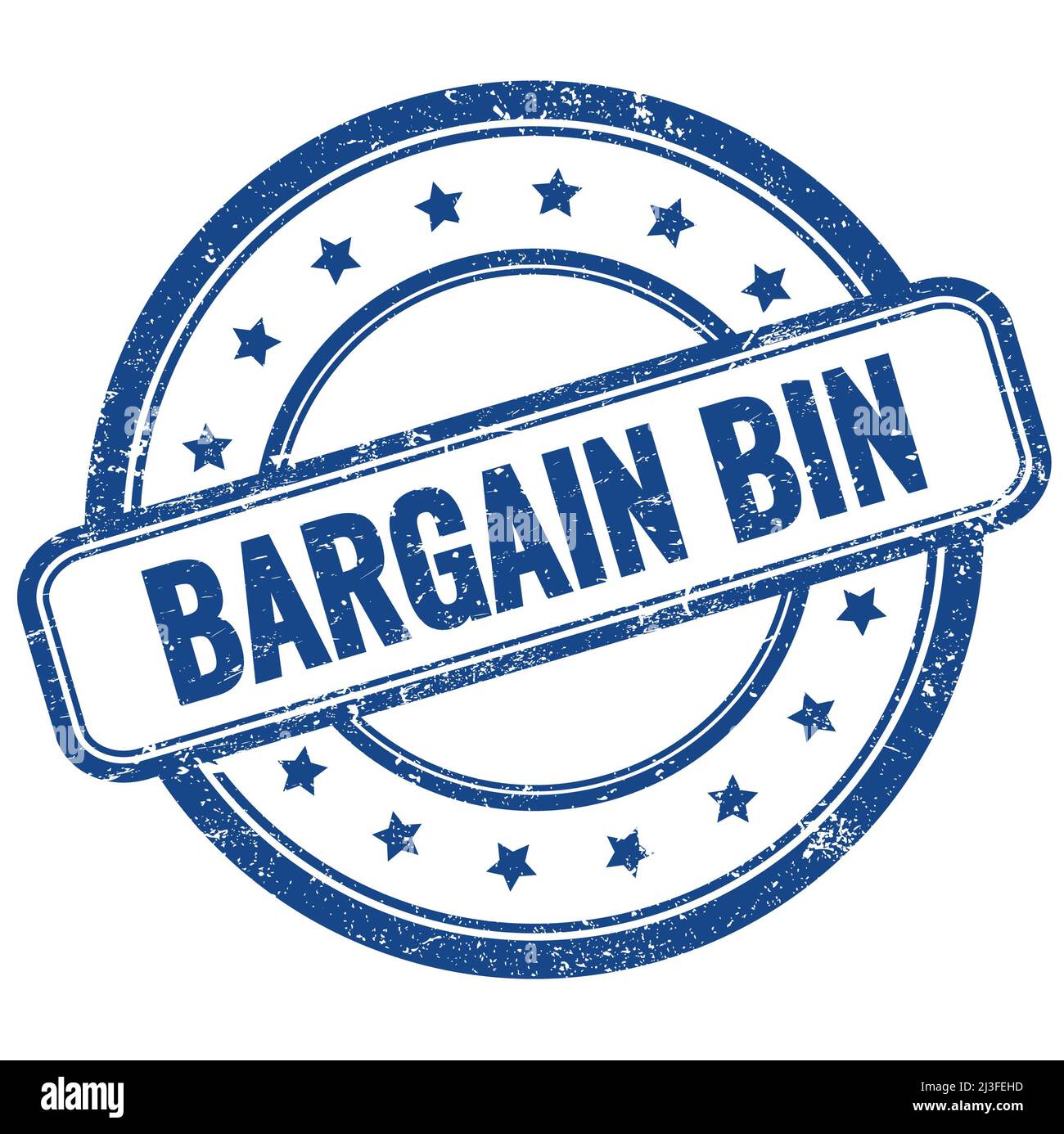 BARGAIN BIN text on blue vintage grungy round rubber stamp. Stock Photo