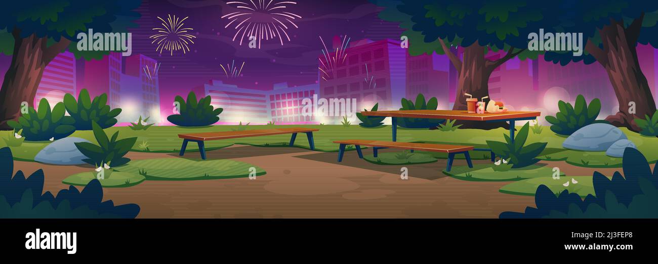 City park with wooden picnic table and firework display at night. Vector cartoon illustration of holiday celebration with summer landscape of public g Stock Vector