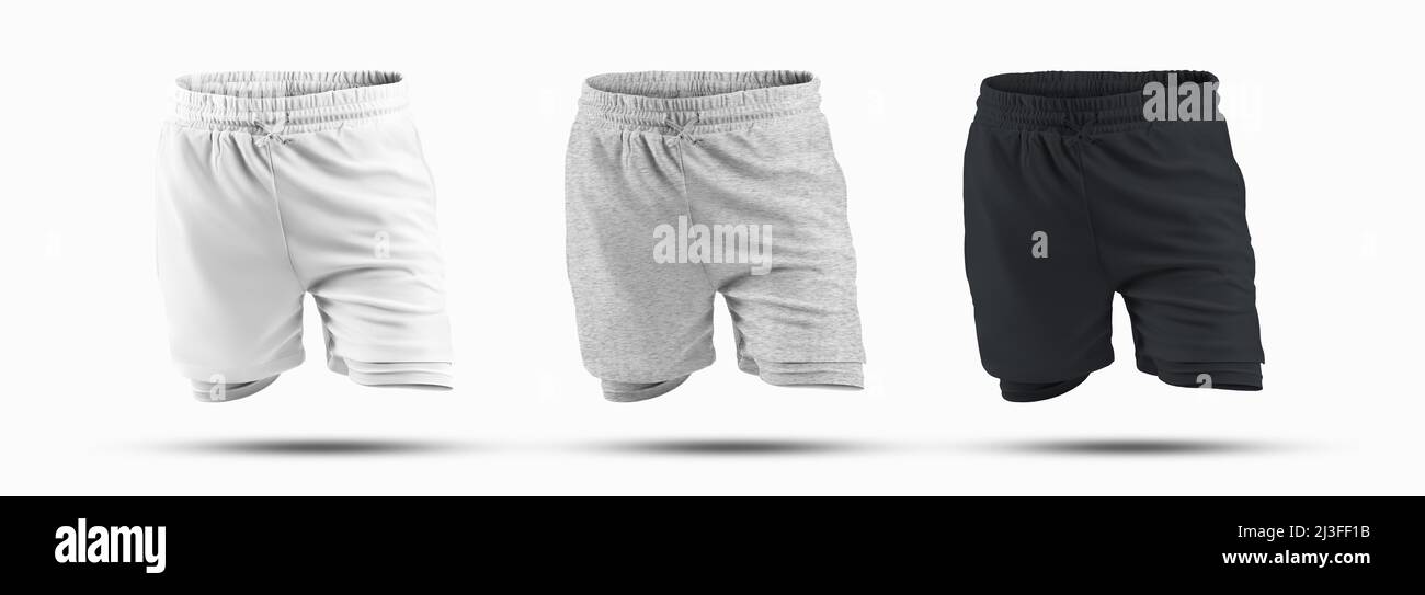 set of mockups of men's sports shorts with compression undershorts 3D  render. White, black and heather sportswear for design presentation Stock  Photo - Alamy