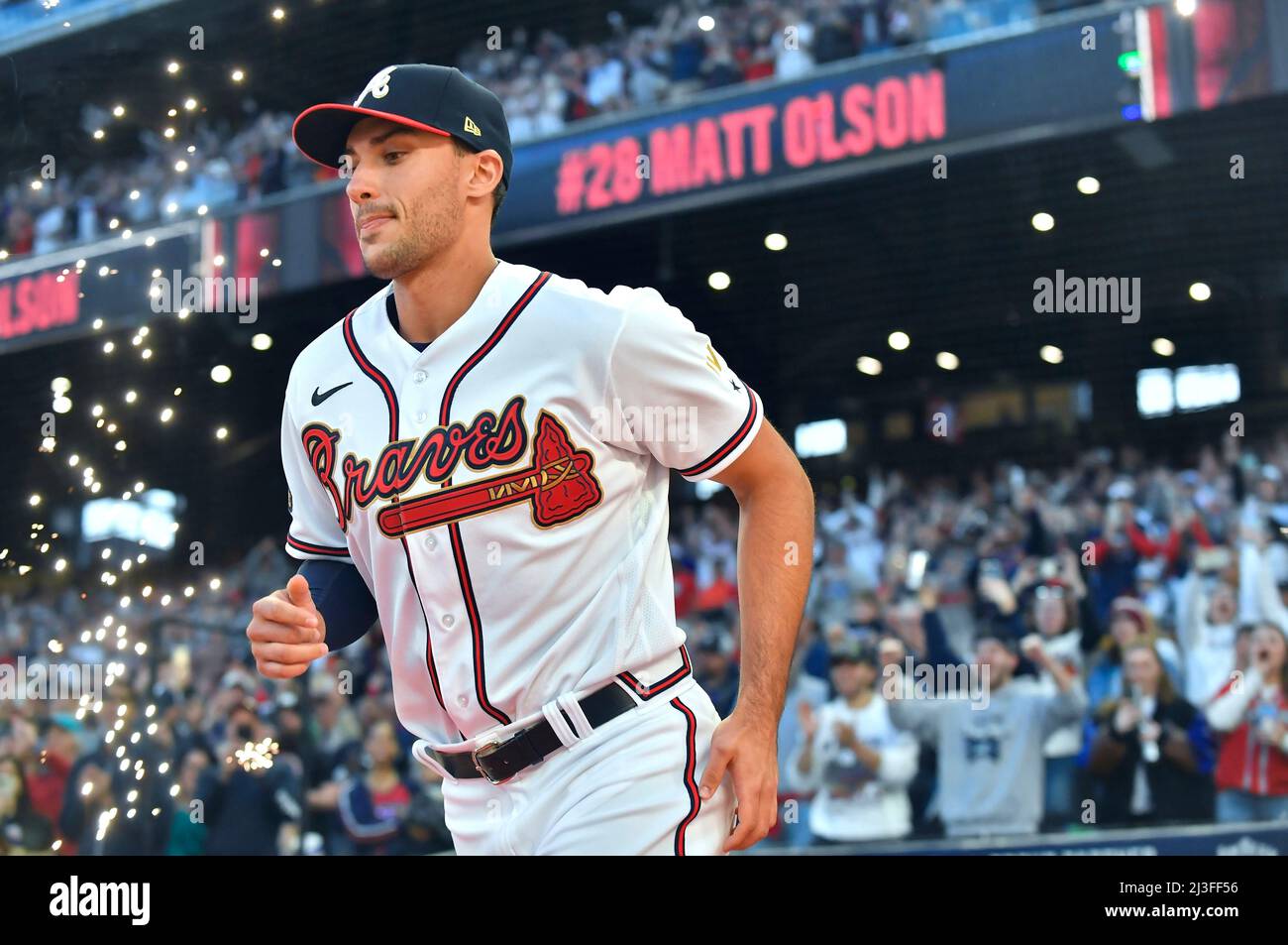 April 07, 2022: Atlanta Braves first baseman Matt Olson runs out onto the  field during player introductions before the start of a MLB game against  the Cincinnati Reds at Truist Park in