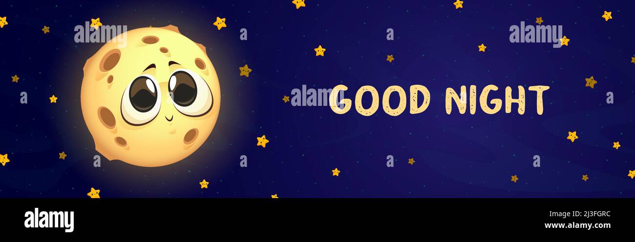Good night cartoon banner with cute moon and glowing yellow stars on blue  sky. Wishes for sweet dreams with kawaii Luna personage with big eyes and  cr Stock Vector Image & Art -