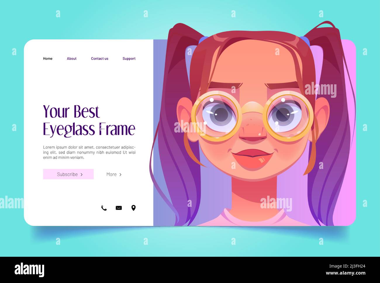 Best eyeglasses frame banner with cute girl in glasses with gold round