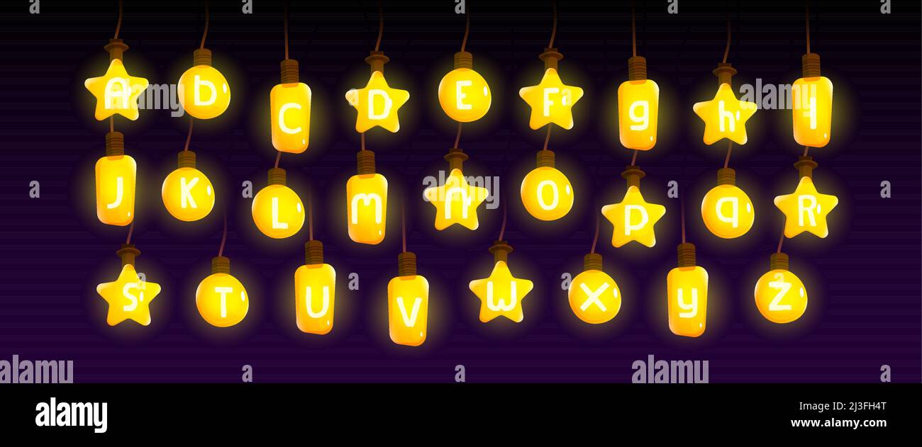 Light bulb font alphabet, cartoon sans serif characters inside of glowing  yellow lamps hang from above on wires. Latin abc uppercase letters,  typeface Stock Vector Image & Art - Alamy