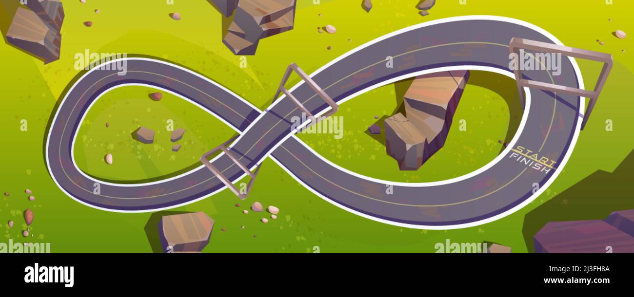Top view of speed race car track on green hill for game background. Vector cartoon illustration of circuit road in shape of infinity sign for auto ral Stock Vector