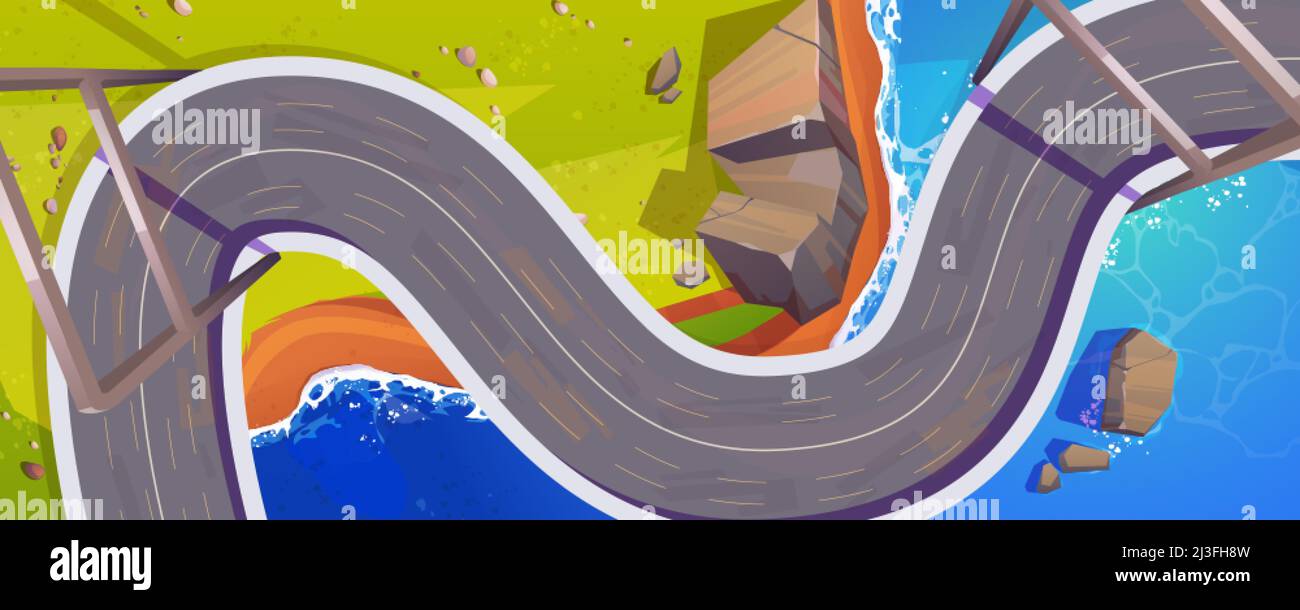 Top view of overpass car road above sea or river coast. Vector cartoon illustration of aerial view of race track for auto rally competition. Summer la Stock Vector