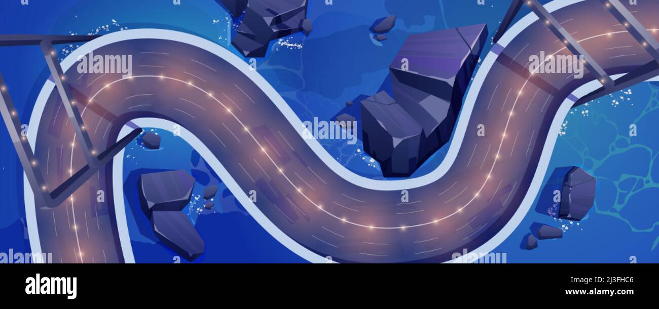 Top view of overpass car road with light markers at night. Vector cartoon illustration of empty winding race track for auto rally competition. Aerial Stock Vector