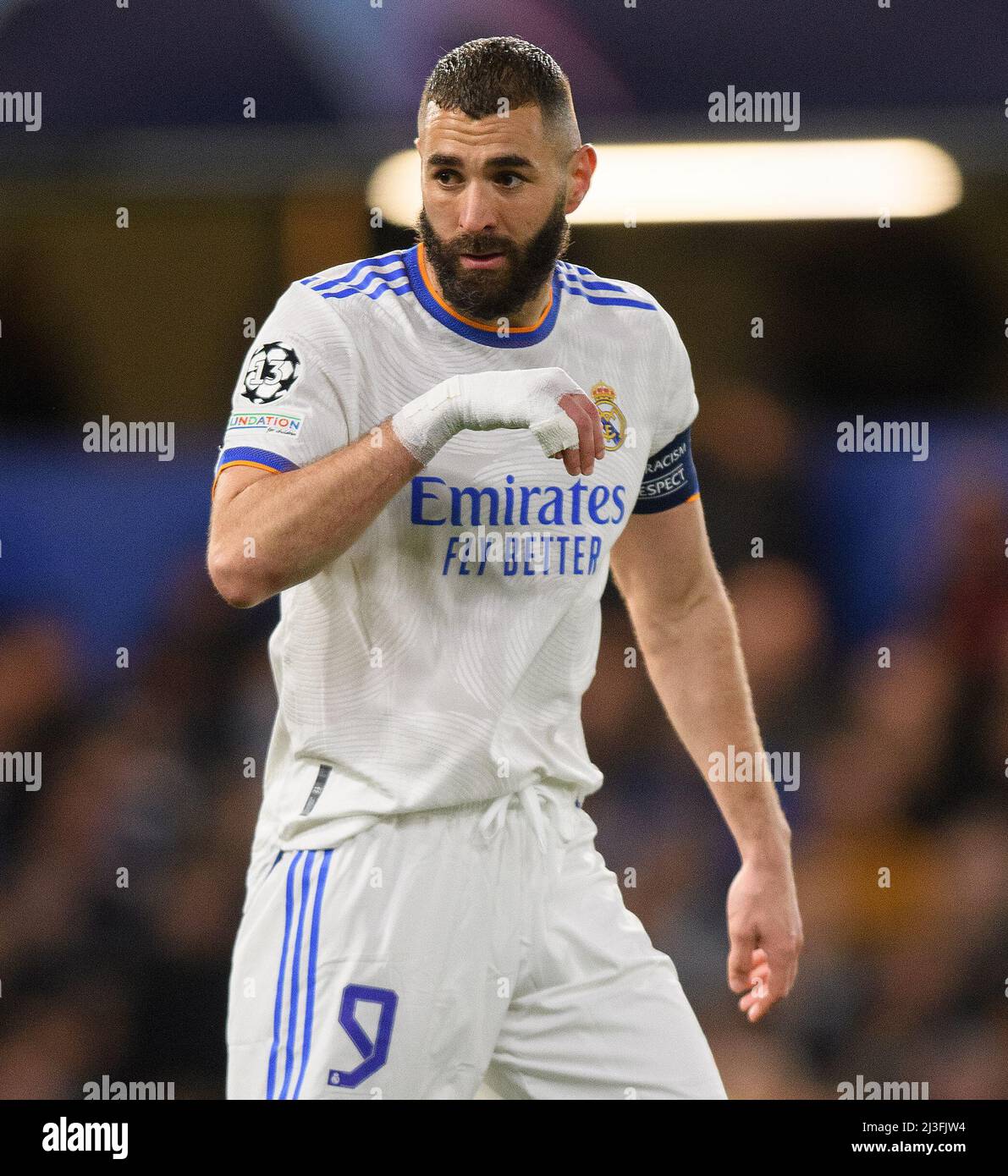 06 April 2022 - Chelsea v Real Madrid - UEFA Champions League - Quarter Final - First Leg - Stamford Bridge  Karim Benzema during the Champions League match against Chelsea Picture Credit : © Mark Pain / Alamy Live News Stock Photo