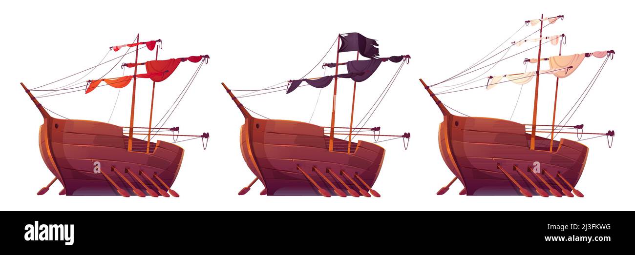 Old wooden ships with paddles, masts and folded sails. Vector cartoon set of ancient galleon, caravel, sailboats with black, white and red sails. Rowb Stock Vector