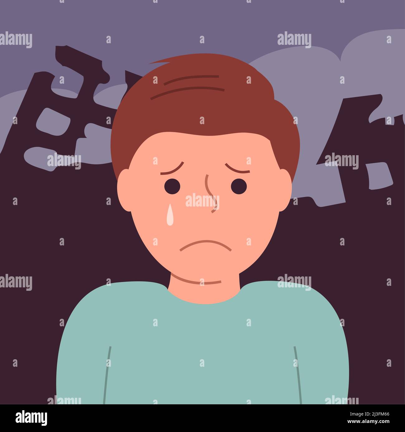 A boy with tears in the background of the ruined city. Background of the ruins of houses and buildings, consequences of war, earthquake, natural disas Stock Vector