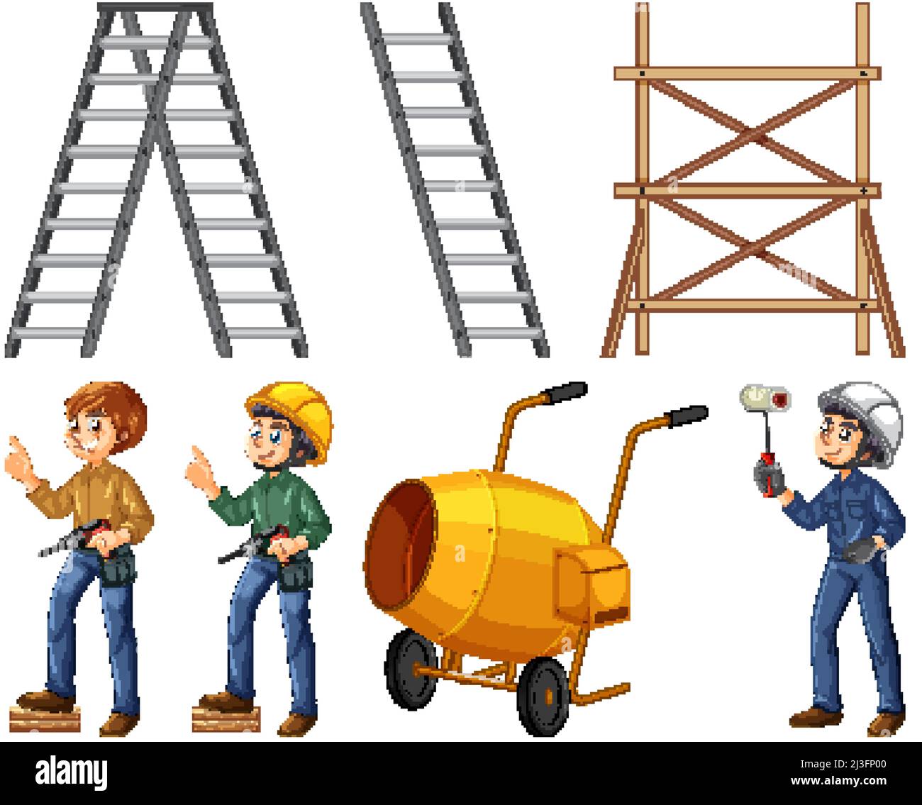 Set of construction site objects and workers illustration Stock Vector