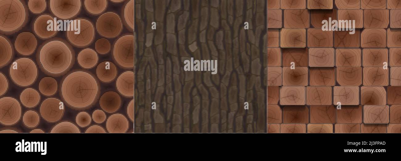 Wooden textures of cut trunks, brown tree bark and boards. Vector