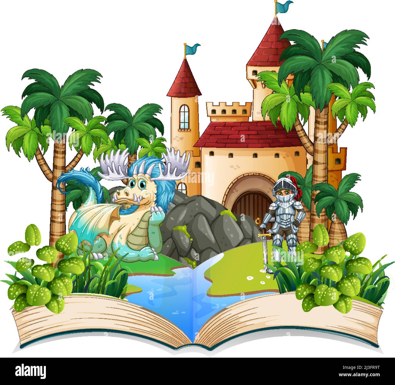 Book with knight and dragon by the castle illustration Stock Vector ...