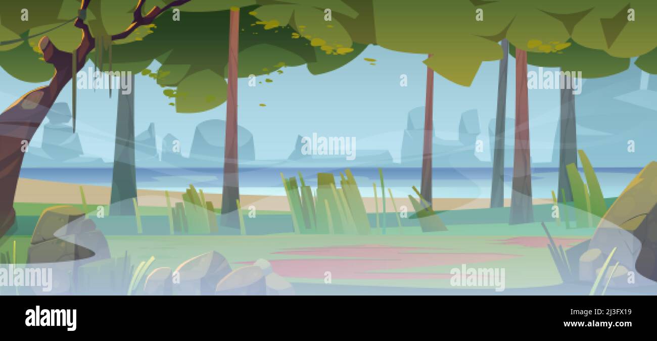 Forest on river shore in fog. Summer landscape with lake, trees, grass and  mountains on horizon in mist. Vector cartoon illustration of foggy weather  Stock Vector Image & Art - Alamy