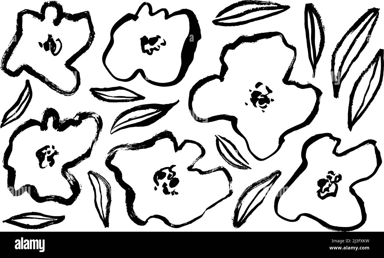 Hand drawn black ink drawing wild flowers. Stock Vector