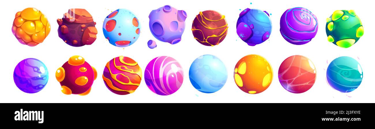 Set of fantastic alien planets, cartoon asteroids, galaxy ui game cosmic world objects, space design elements. Pimpled spheres, comets, moon with crat Stock Vector