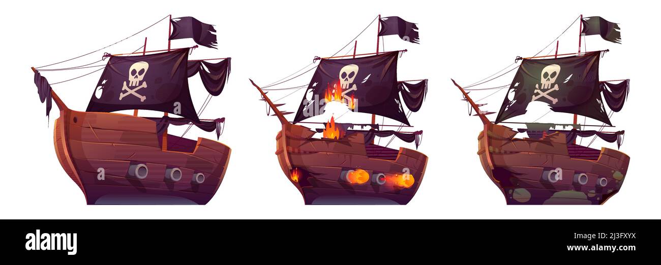 Pirate ships isolated on white background. Wooden boats with black sails, shooting cannon and jolly roger flag. Old and new battleship, barge after sh Stock Vector