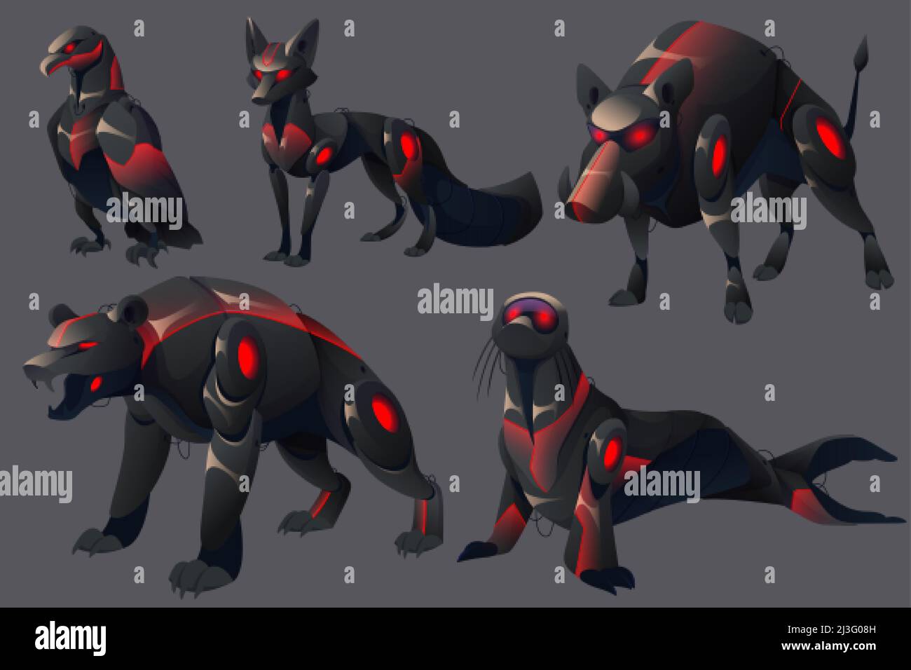 Evil mechanical animals, bear, seal, boar, fox and eagle robots. Vector