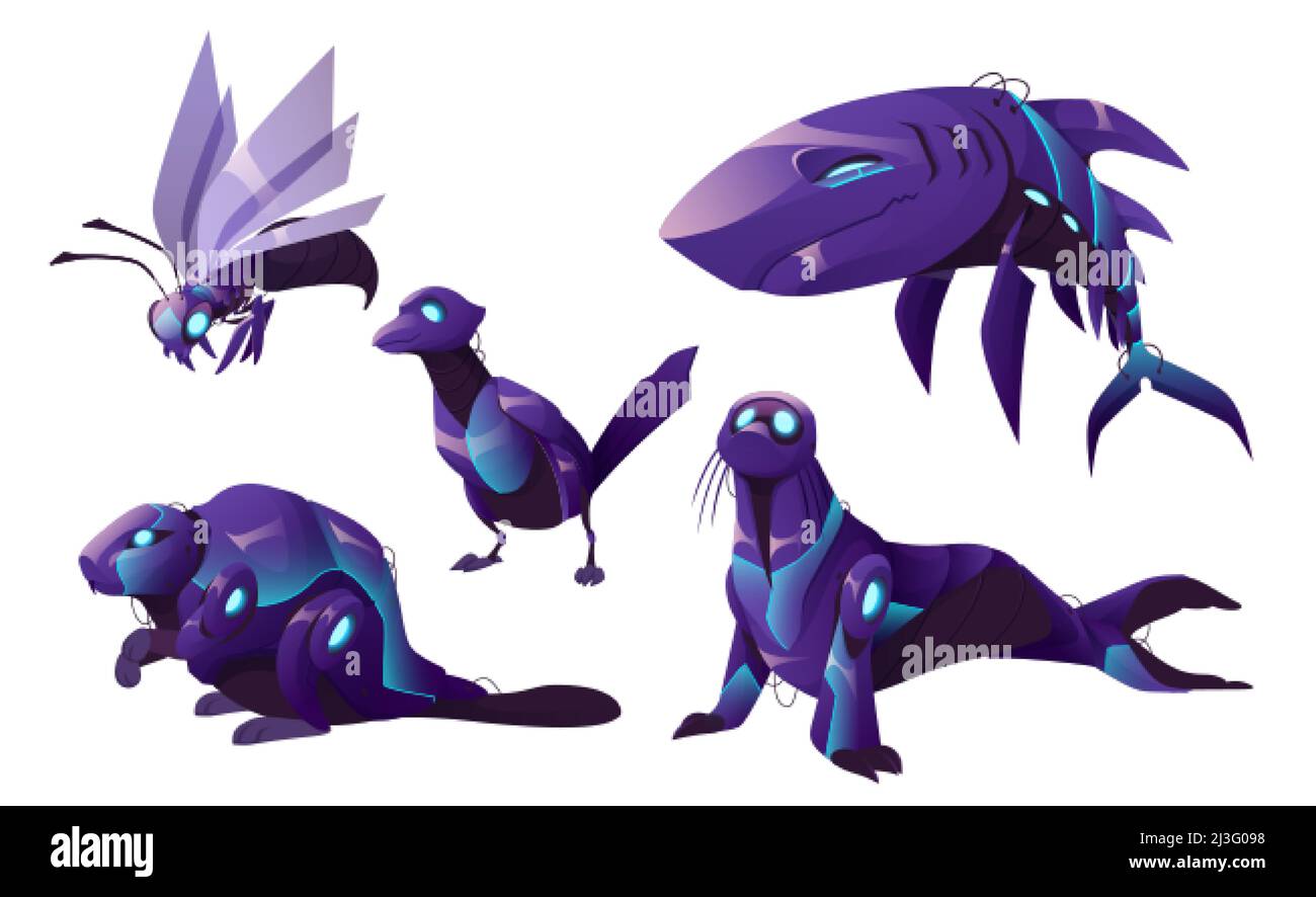 Mechanical animals, shark, seal, wasp, bird and beaver robots. Vector