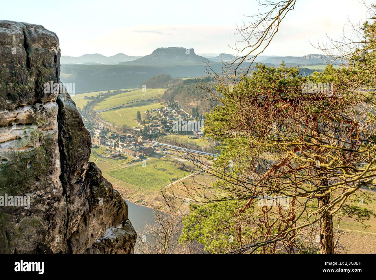 Scenic view from Bastei rock formation in spring, Saxon Switzerland, Germany Stock Photo