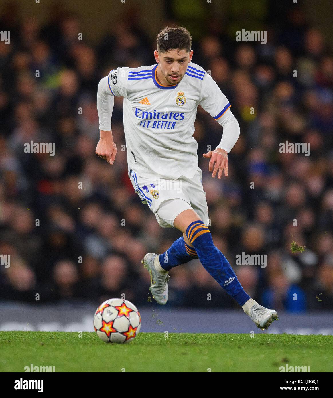 06 April 2022 - Chelsea v Real Madrid - UEFA Champions League - Quarter Final - First Leg - Stamford Bridge  Federico Valverde during the Champions League match at Stamford Bridge Picture Credit : © Mark Pain / Alamy Live News Stock Photo