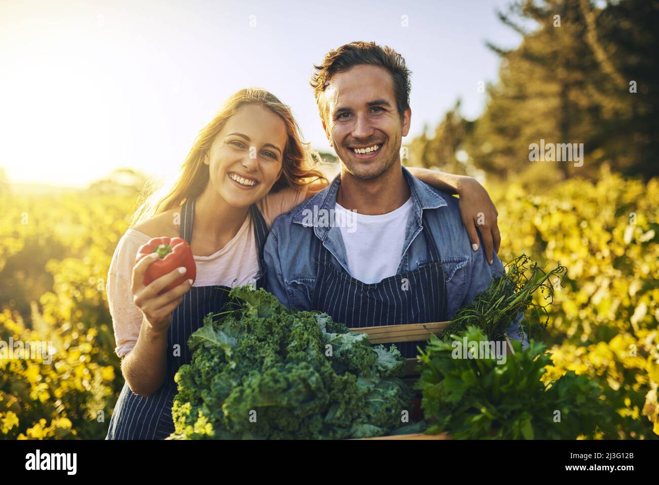 They look good and taste even better. Shot of a young man and woman working together on a farm. Stock Photo