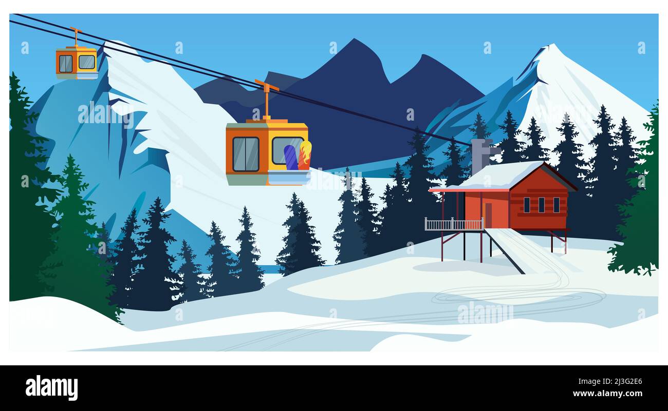 Winter landscape with ropeway station and ski cable cars. Snowy country scene vector illustration. Ski resort concept. For websites, wallpapers, poste Stock Photo