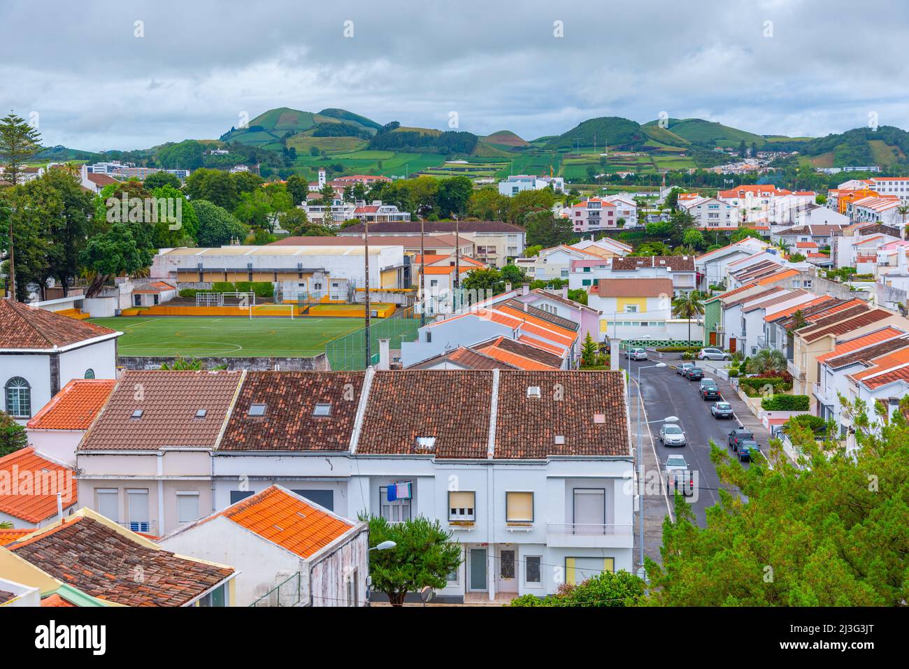 Aerial view of Ponta Delgada town at Sao Miguel island, Portugal Stock